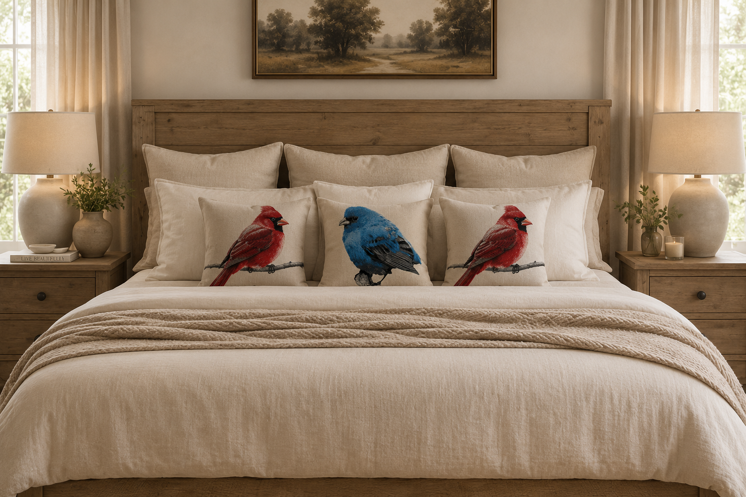 Bird Embroidery Decorative Pil Red Cardinal Woven Tapestry Throw Pillow with Feather Insert