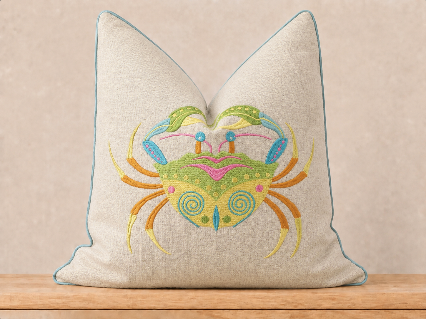 Crab Embroidered Throw Pillow with Feather Insert