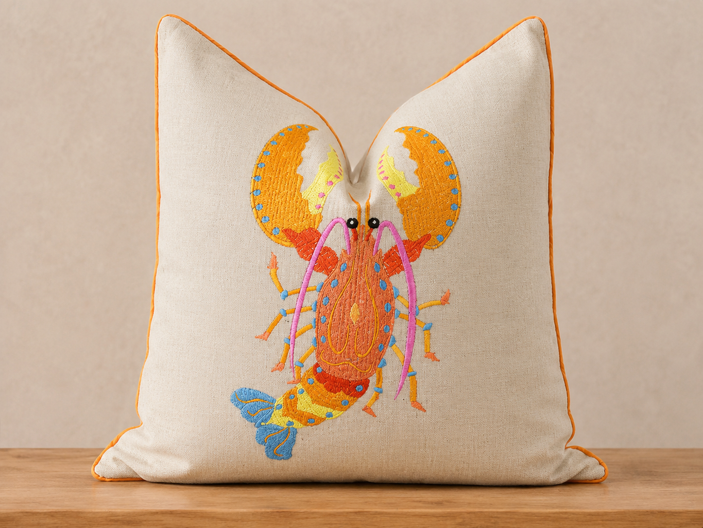 Lobster Embroidered Throw Pillow with Feather Insert