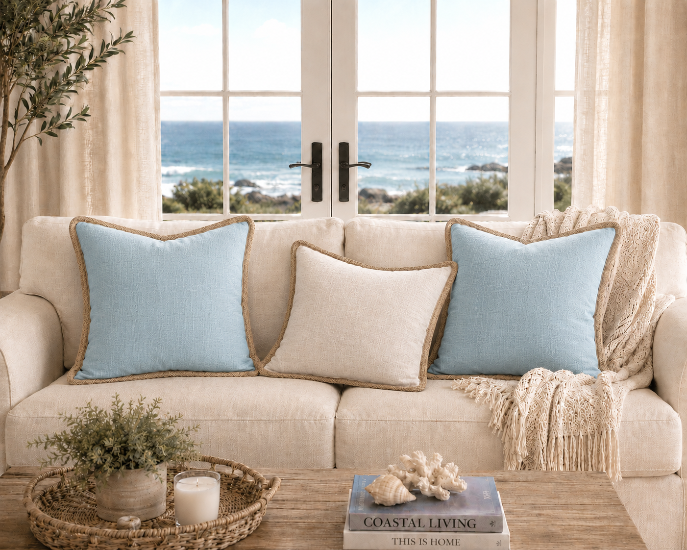 Classic Jute Trimmed Solid Reversible Throw Pillow with Feather Insert - Blue