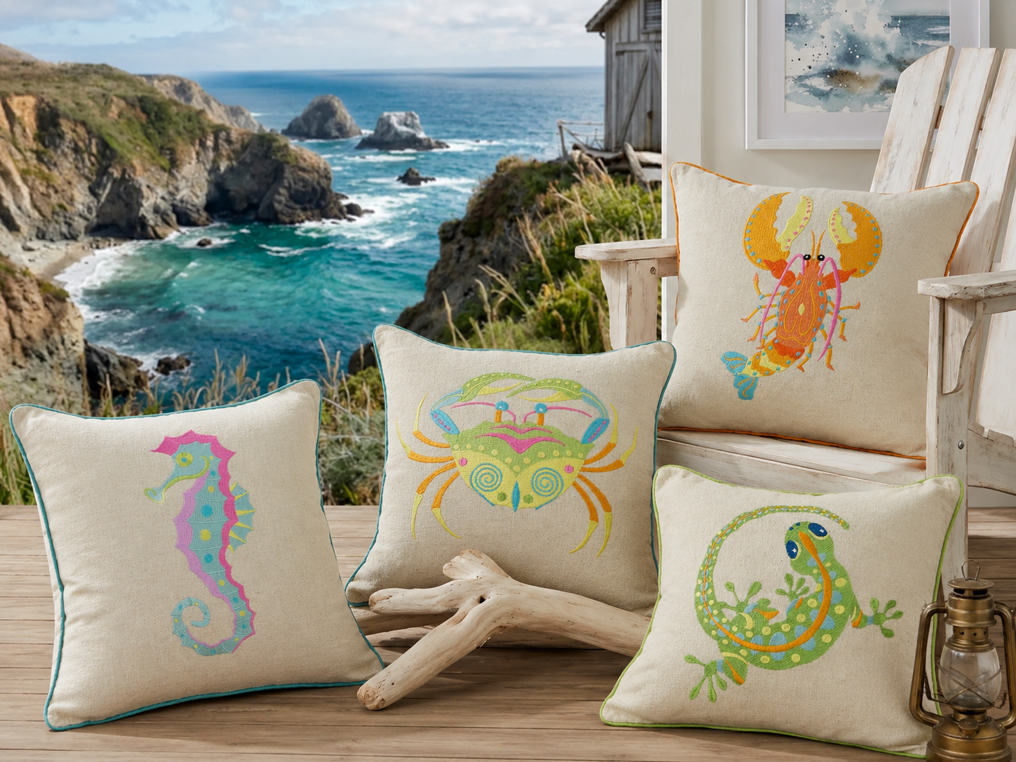 Seahorse Embroidered Throw Pillow with Feather Insert