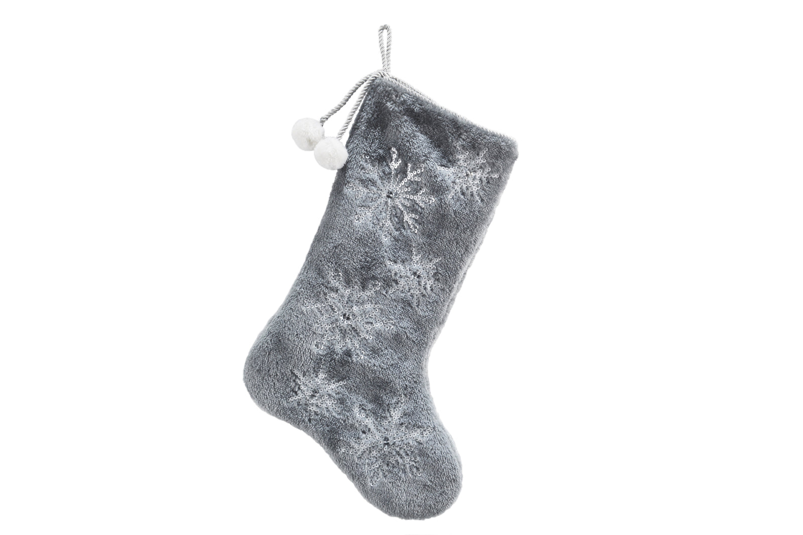 XIA HOME FASHIONS Snowflake Sequin Plush Christmas Stocking Grey 20in with LED