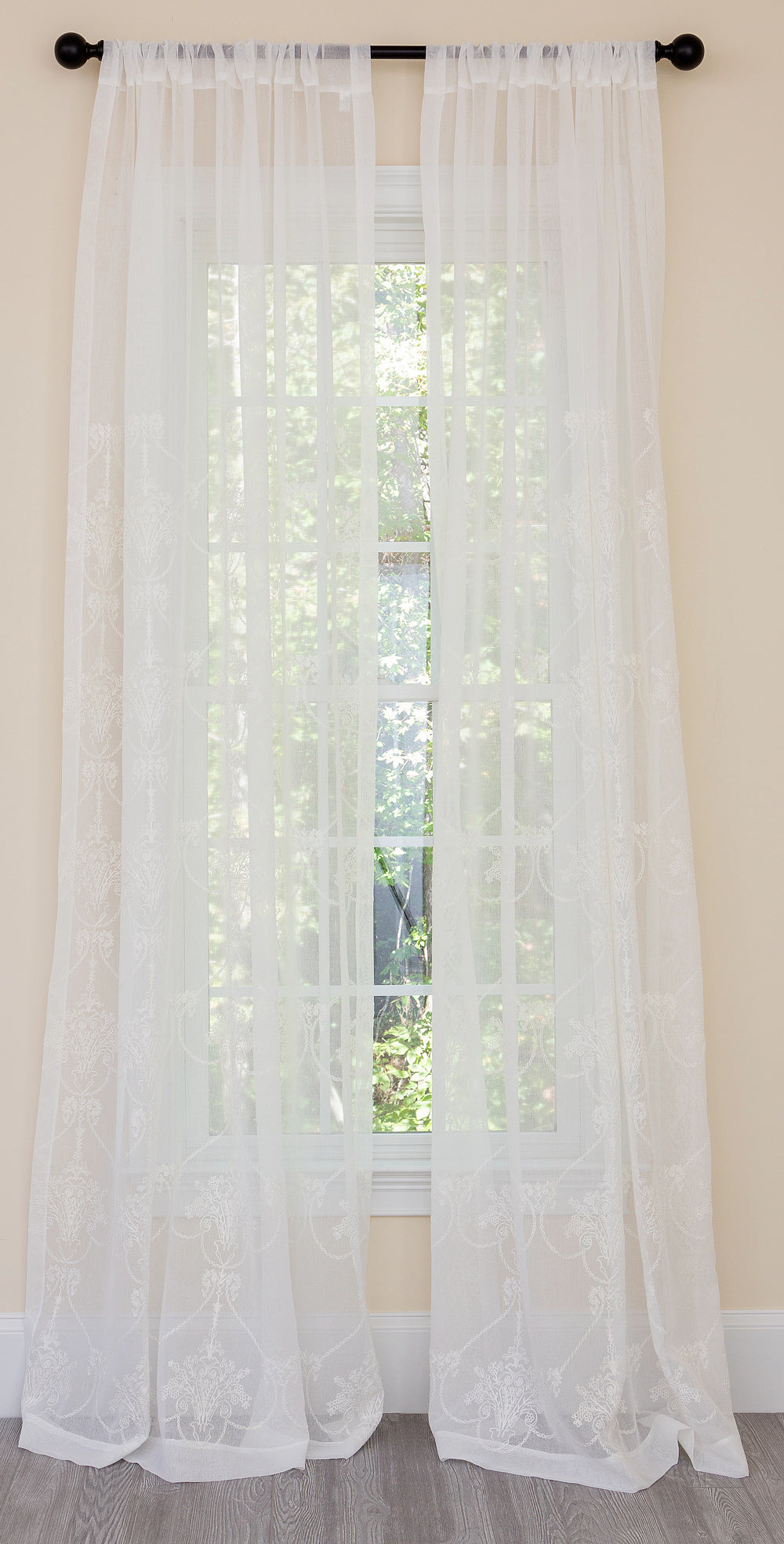 ML19007 Lillie Embroidered Sheer Rod Pocket Curtain Panel 54x84 White Polyester