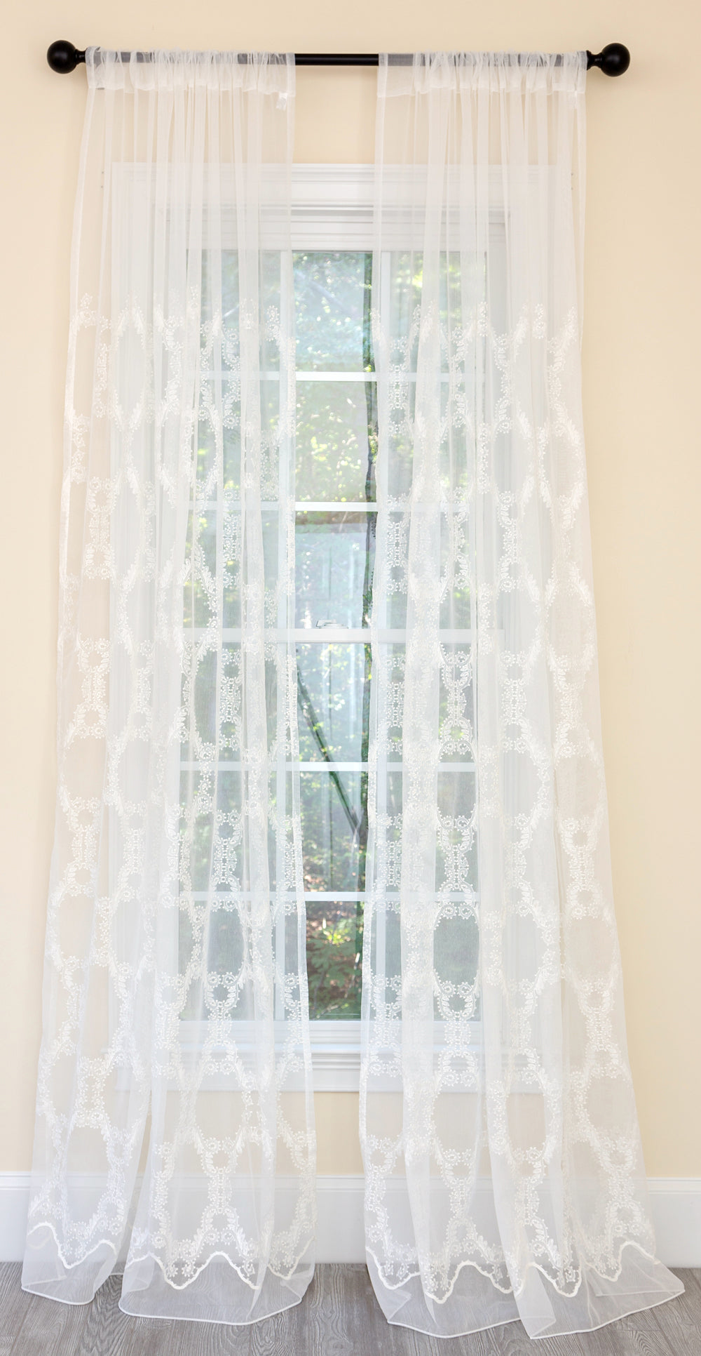 ML19151 Krystal Clear Geometric Embroidered Sheer Rod Pocket Curtain Panel 54x108 White Polyester