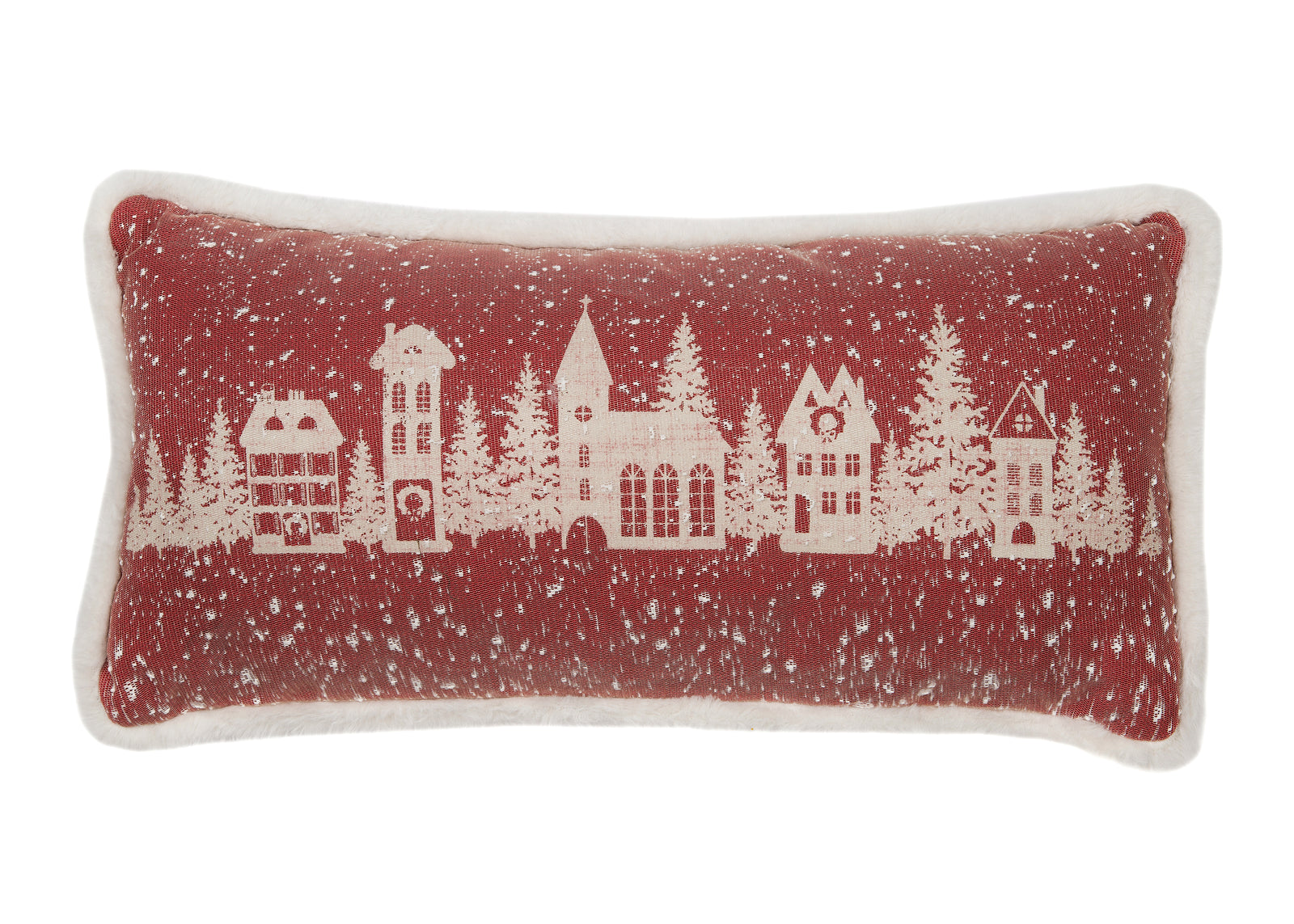 ML21003 Snow Scene Street View Pillow 10x20 Red Polyester with Faux Fur Trim
