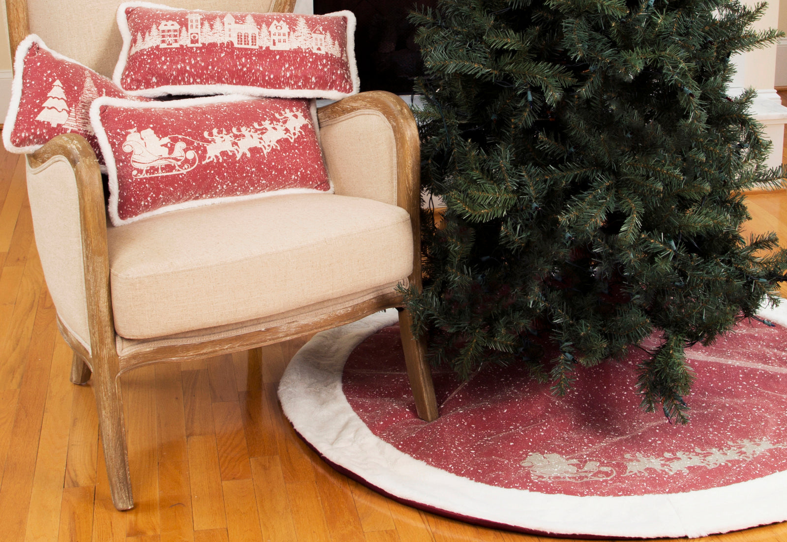 ML21004 Snow Scene Santa Sleigh Tree Skirt 48 Inch Red Polyester with Faux Fur Trim