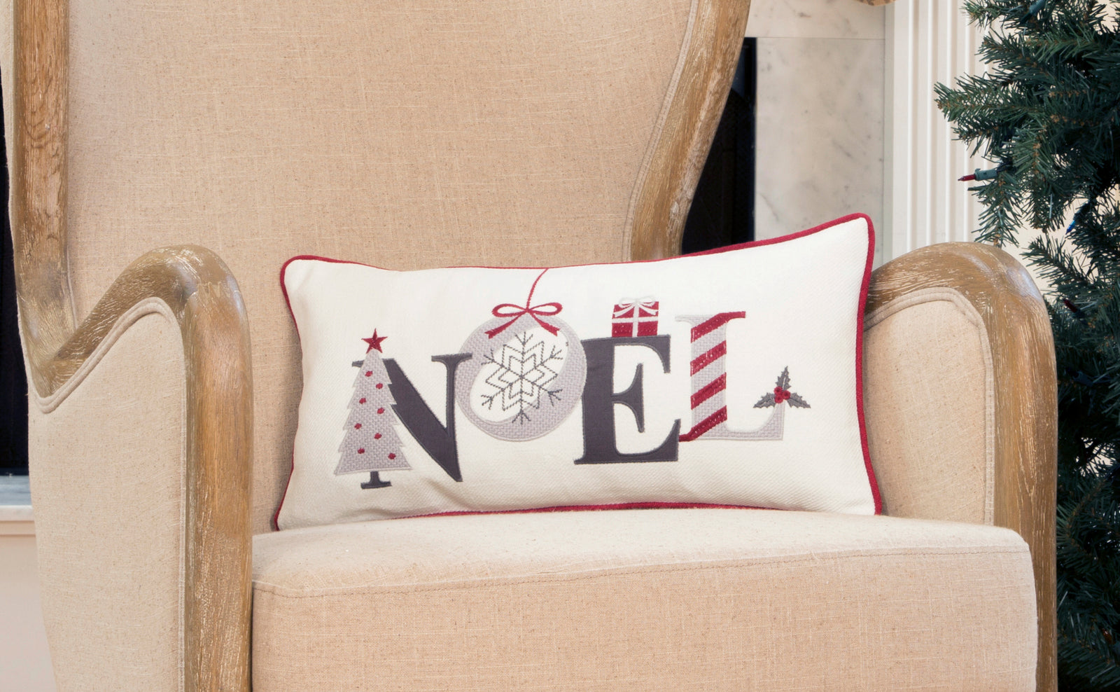 ML21006 Noel Embroidered Christmas Pillow 10x20 Polyester