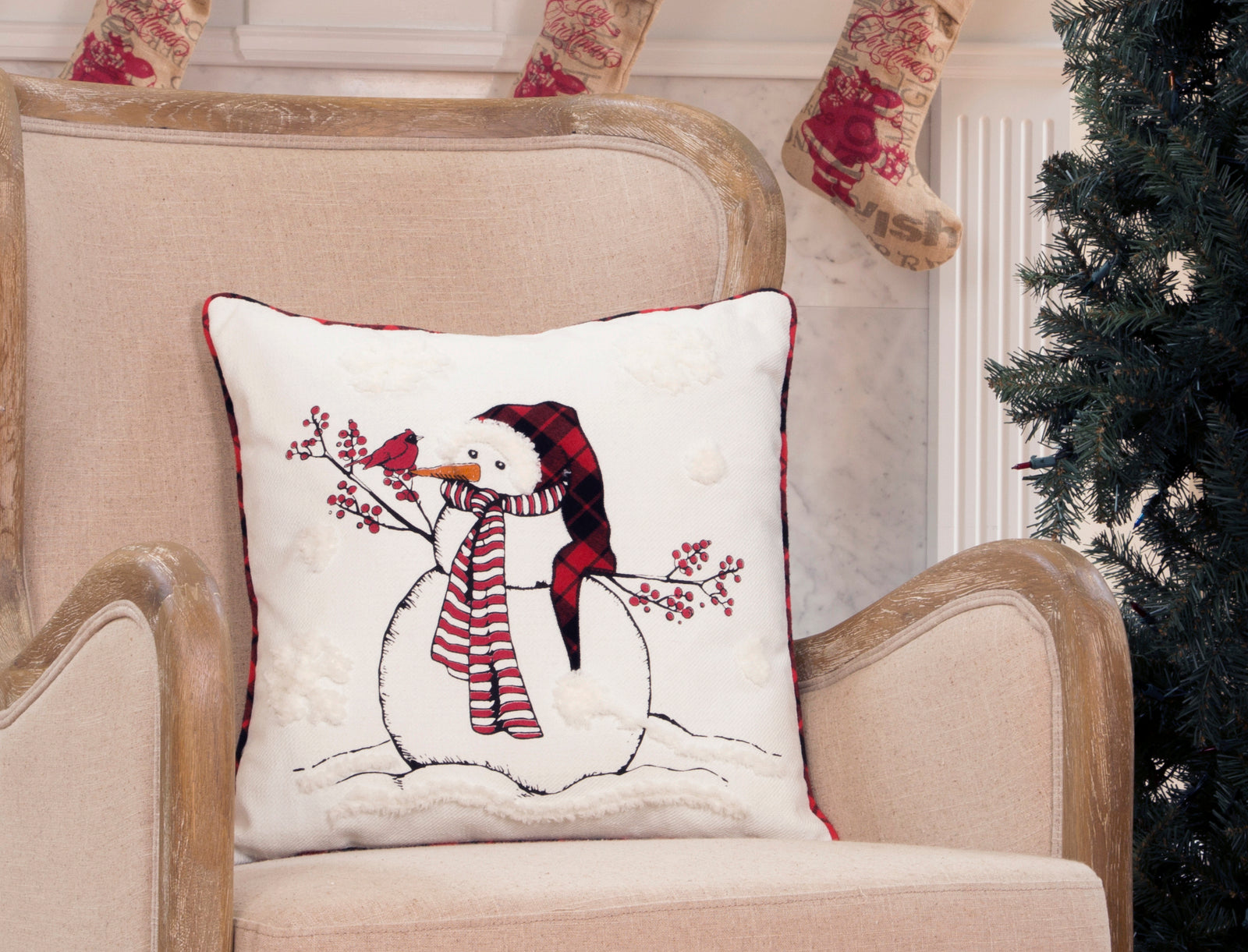 ML21008 Snowman with Beanie Hat Embroidered Christmas Pillow 18x18 Polyester