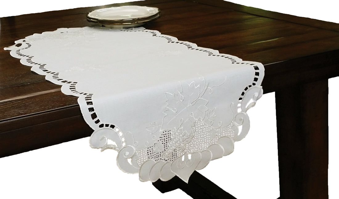 MANOR LUXE Grapes & Leaves Embroidered Cutwork Table Runner, 16x36, White