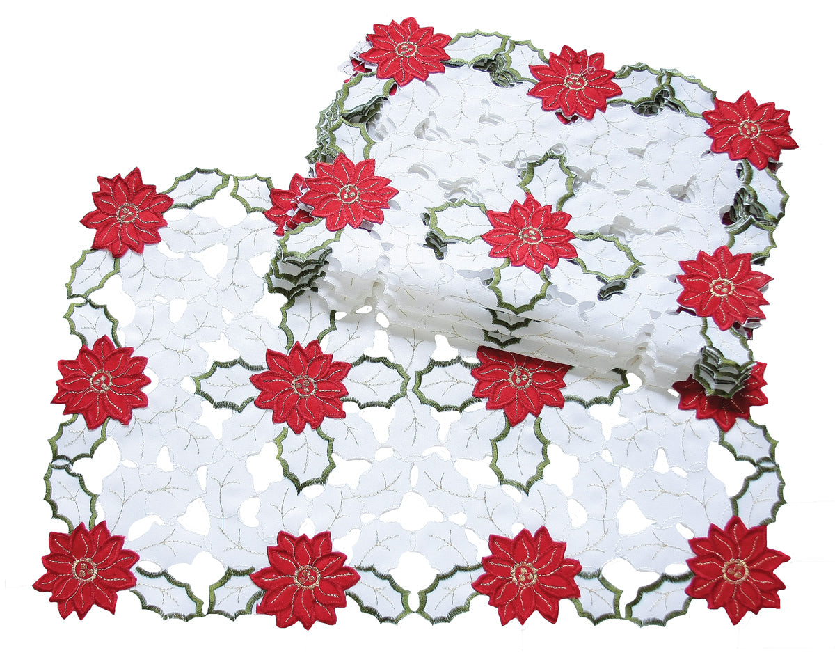 XD13024 Holiday Poinsettia Placemats Set of 4 14x20 White