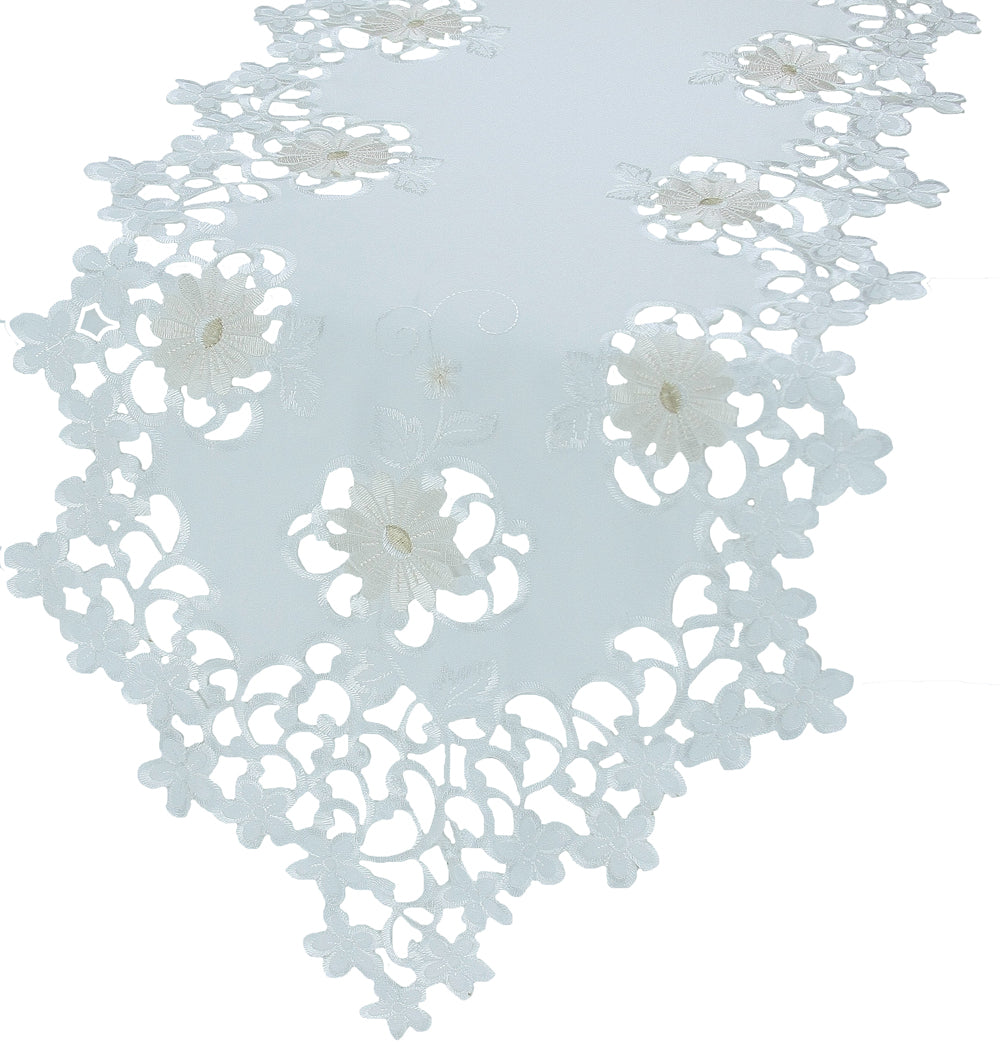 Xia Home Fashions Daisy Divine Table Runner Cutwork Embroidery 16x34 Off White