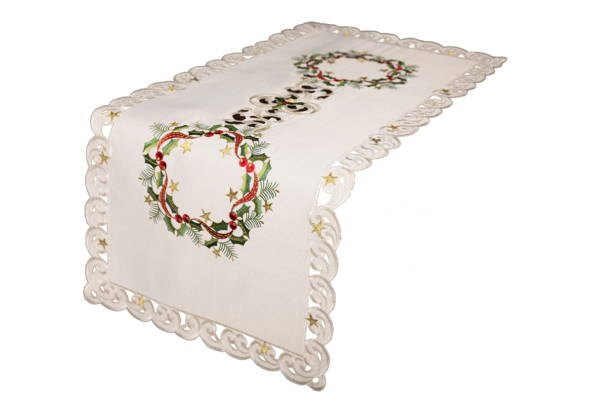 Xia Home Fashions Ribbon Wreath Embroidered Cutwork Christmas Table Runner 15x34