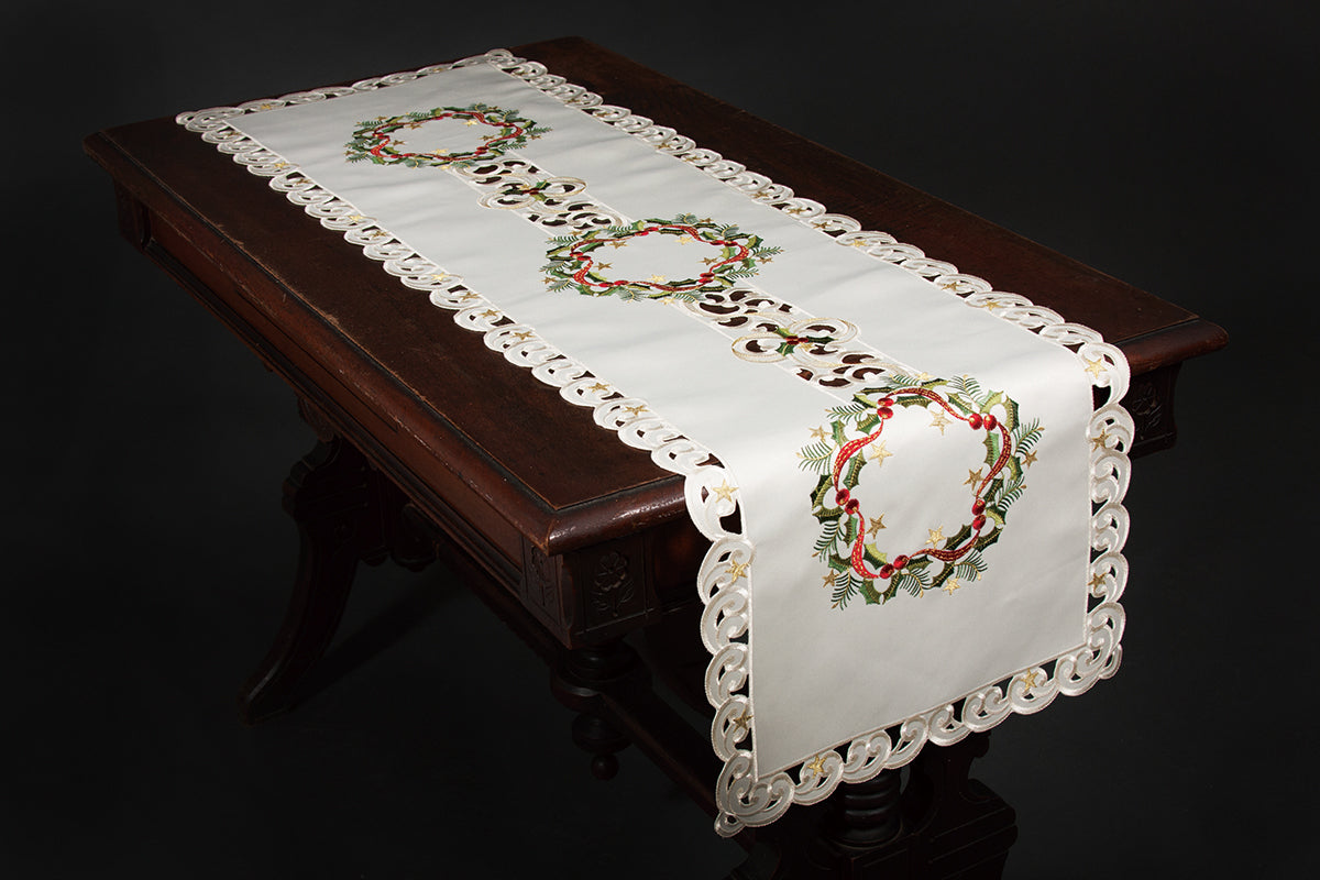 Xia Home Fashions Ribbon Wreath Embroidered Cutwork Christmas Table Runner 15x34