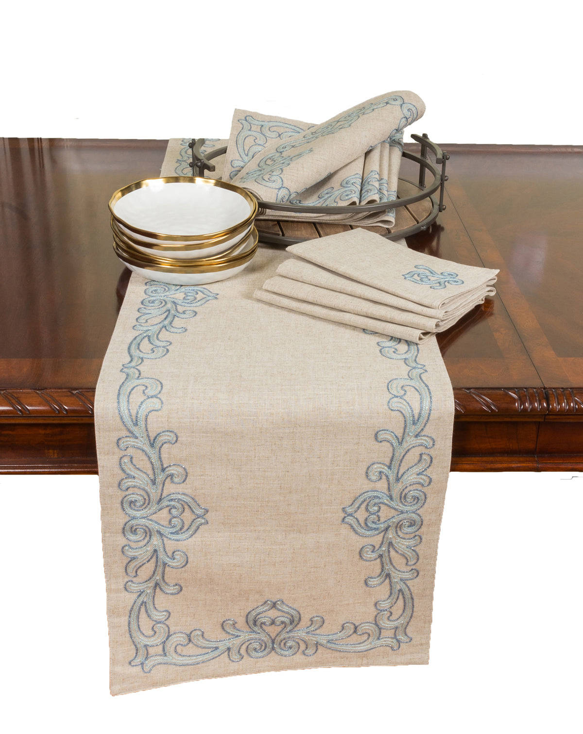 Xia Home Fashions Celeste Glistening Embroidered Napkins Set of 4 20x20 Beige Blue