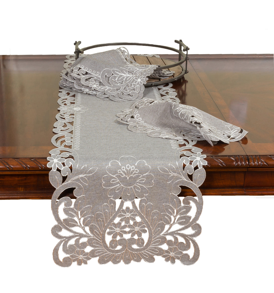 Xia Home Fashions Floral Embroidered Cutwork Table Runner 16x36 Grey