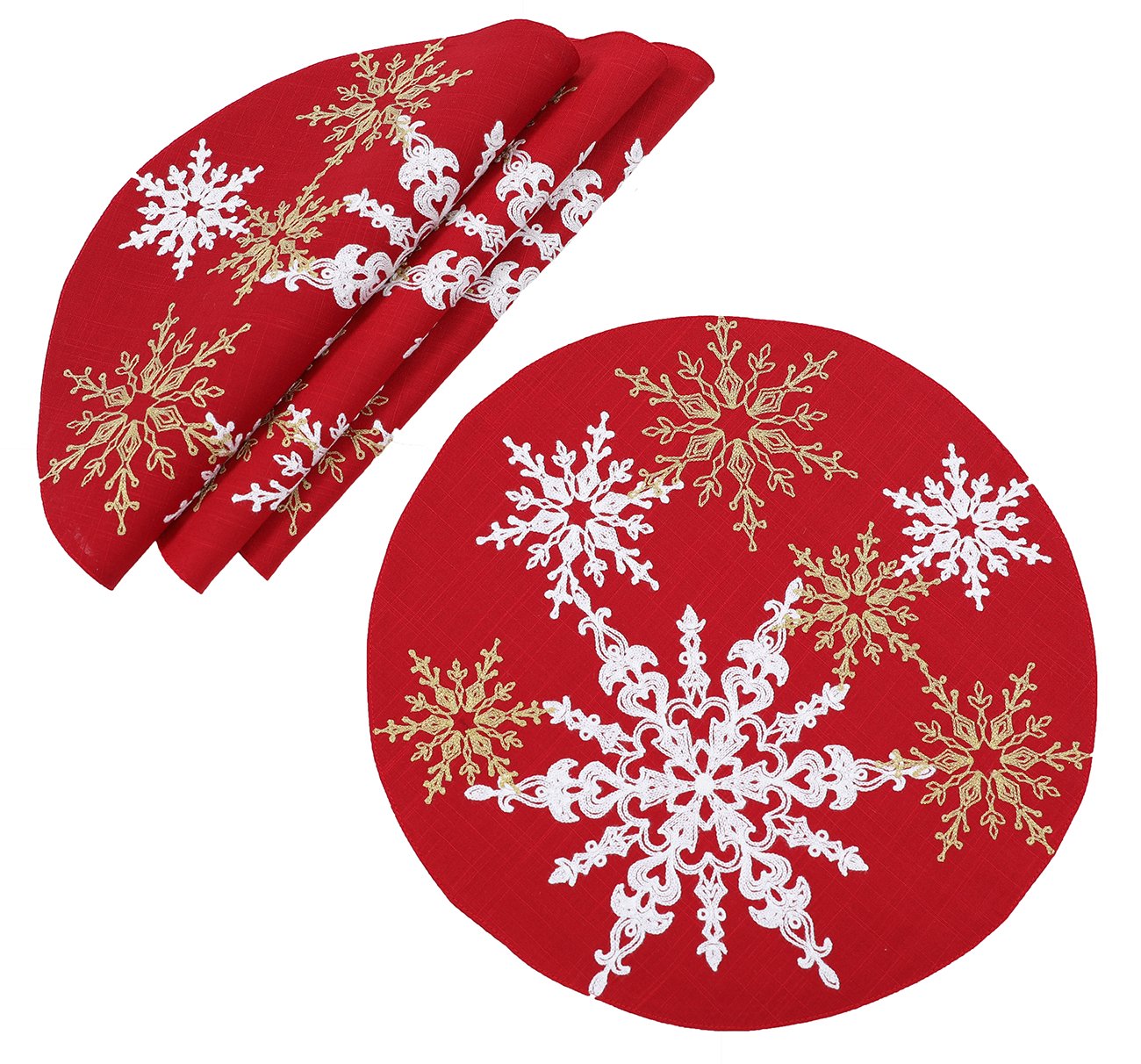 XD19802 Christmas Snowflake Round Placemats Set of 4 16in Red
