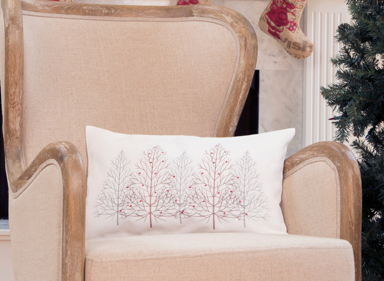 XD19803 Festive Trees Christmas Pillow 12x20 Off White