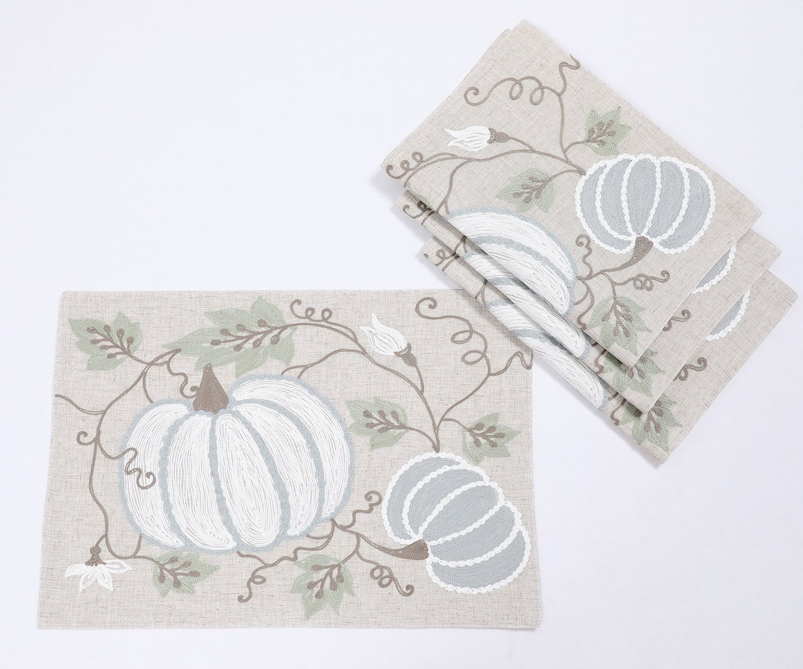 XD19806 Harvest Pumpkins and Vines Crewel Embroidered Placemat Set of 4 14x20 Double Layer Linen Blend