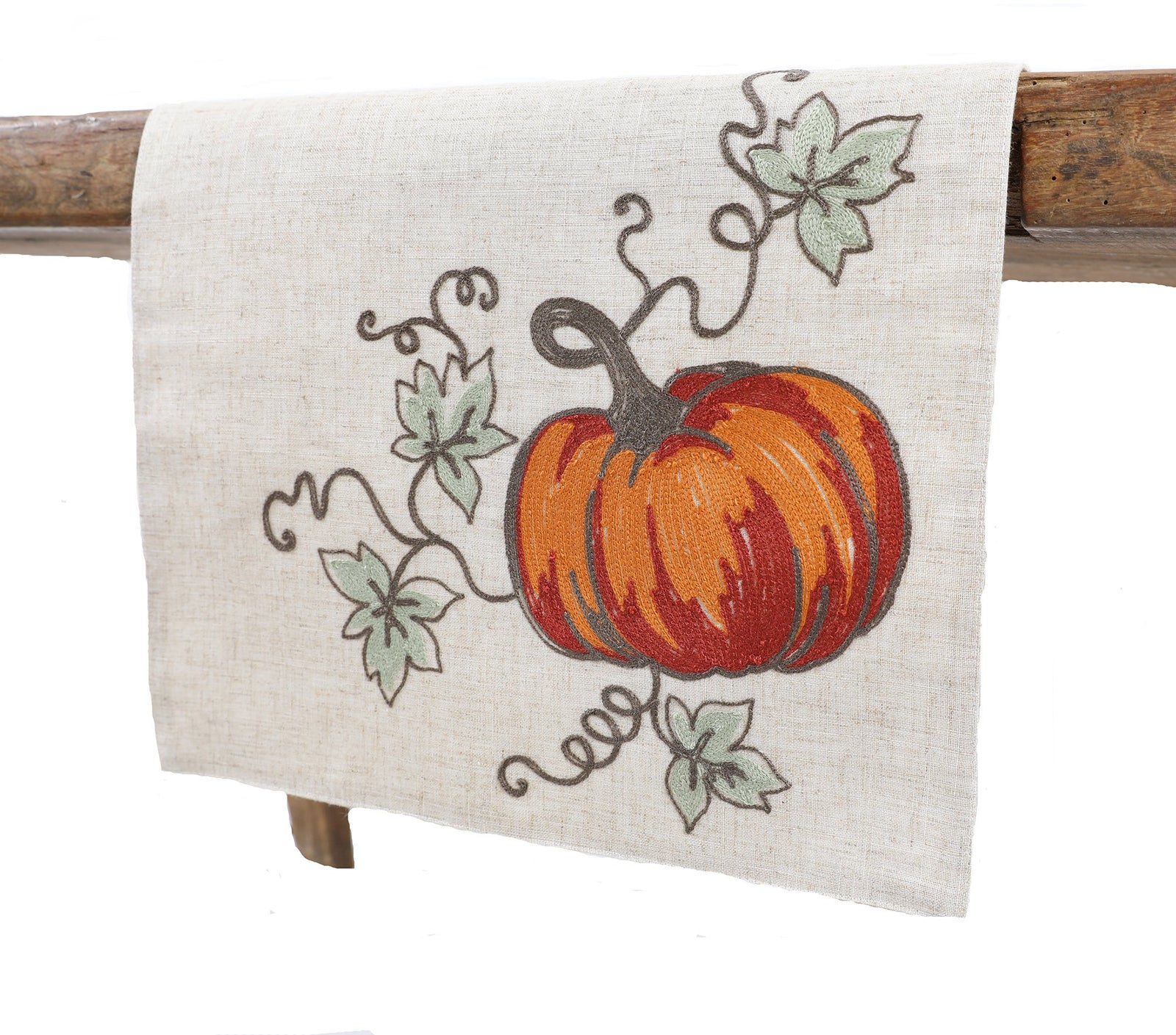 XD19808 Rustic Pumpkin Crewel Embroidered Table Runner 16x36 Double Layer Linen Blend