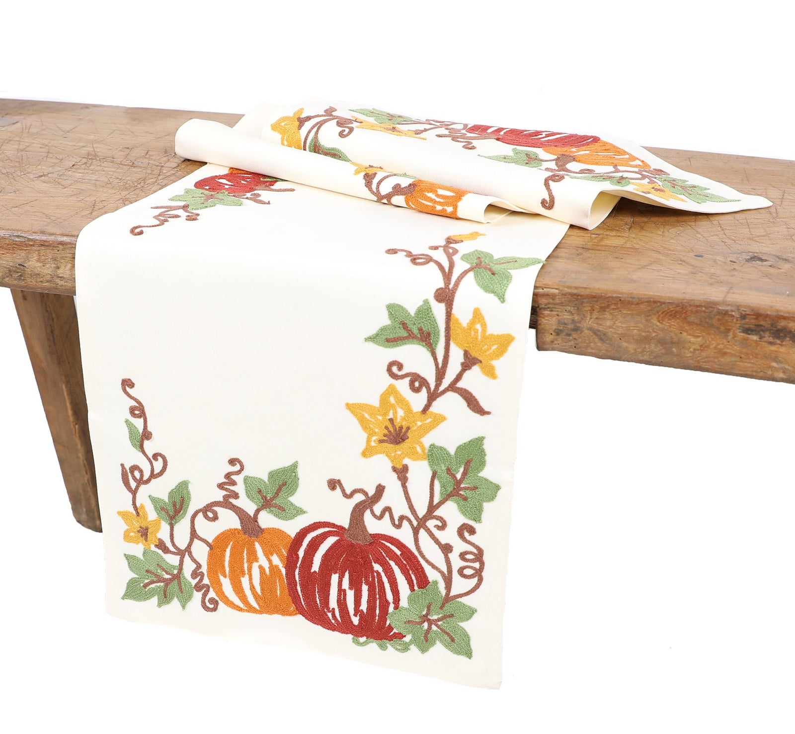 XD19809 Harvest Pumpkins Crewel Embroidered Table Runner 16x36 Double Layer Cream