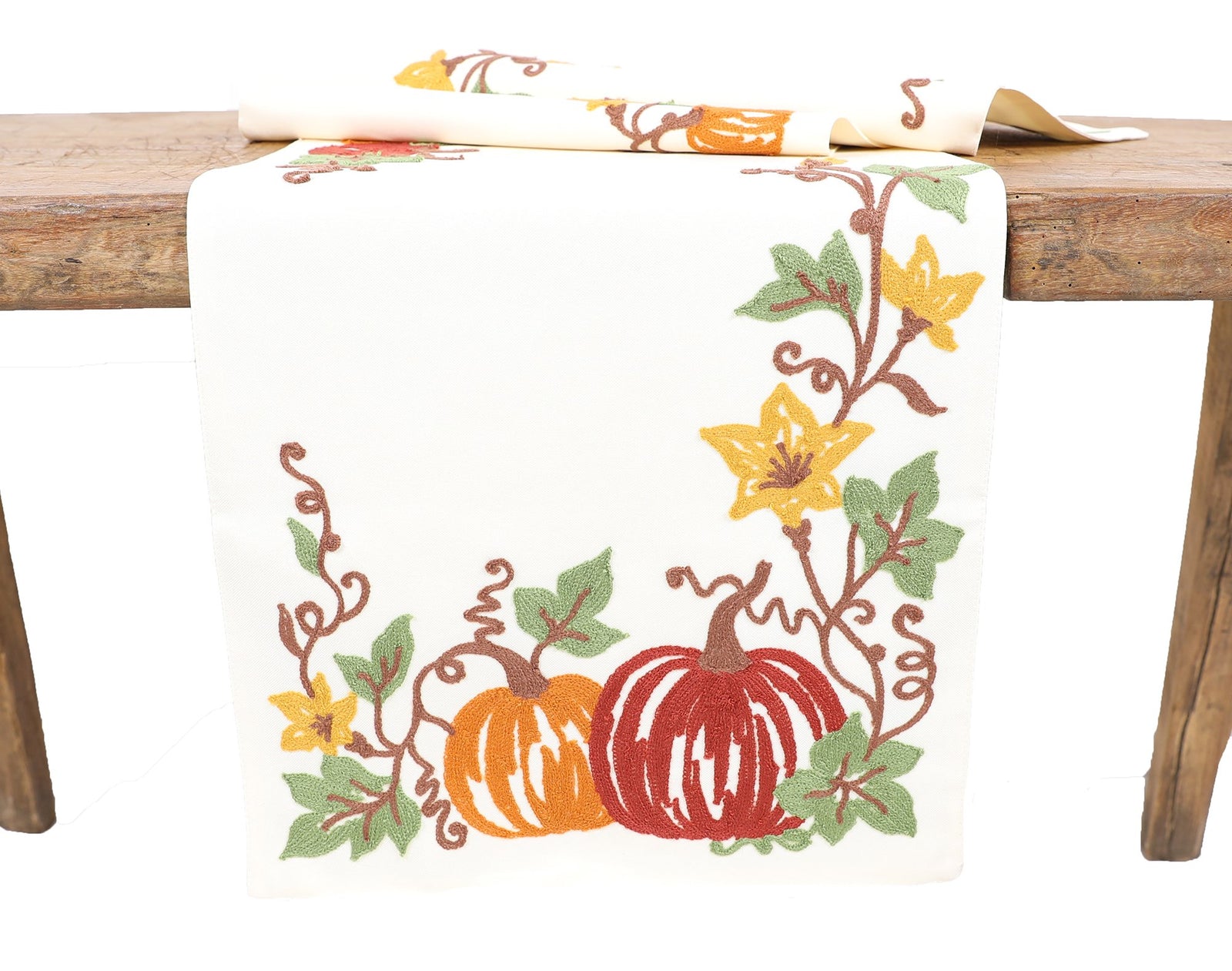 XD19809 Harvest Pumpkins Crewel Embroidered Table Runner 16x36 Double Layer Cream