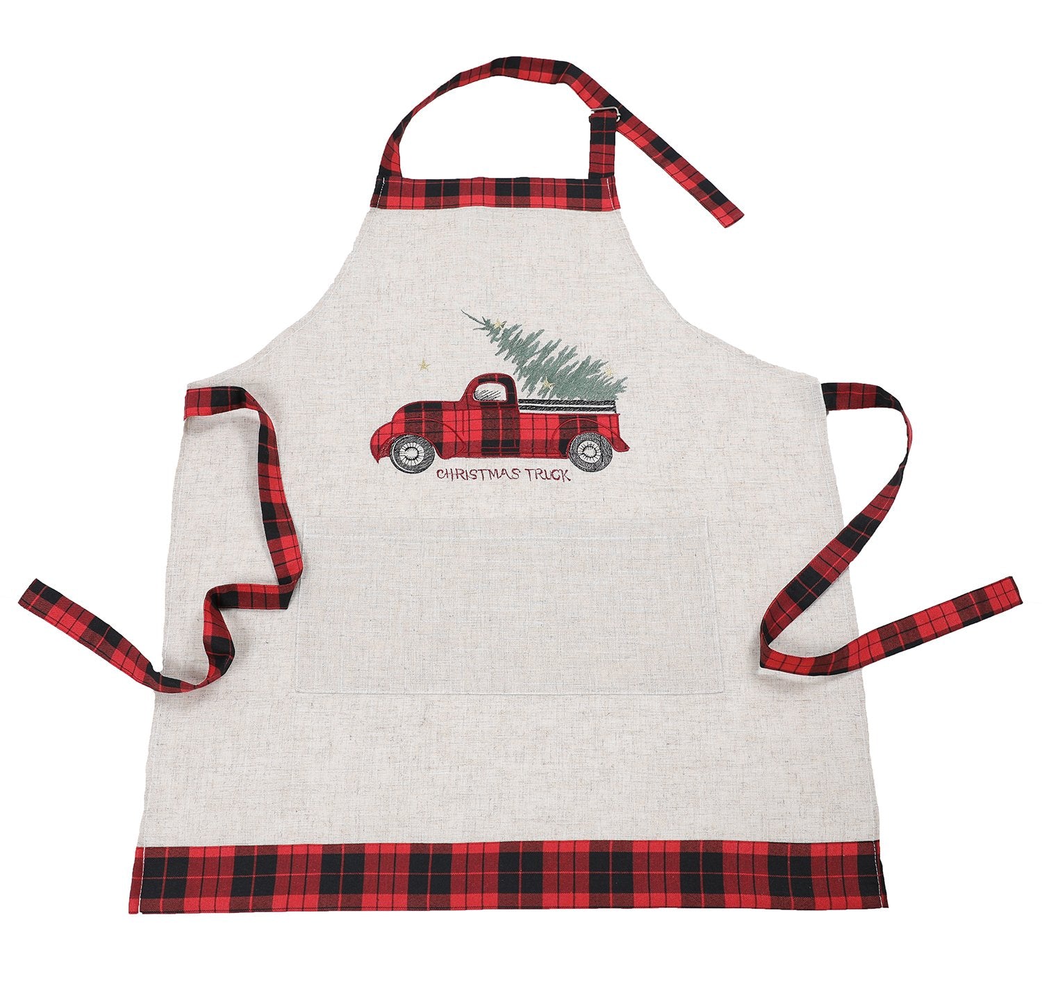 XD19886 Vintage Tartan Christmas Truck Adult Christmas Apron 30x26 Linen Blend