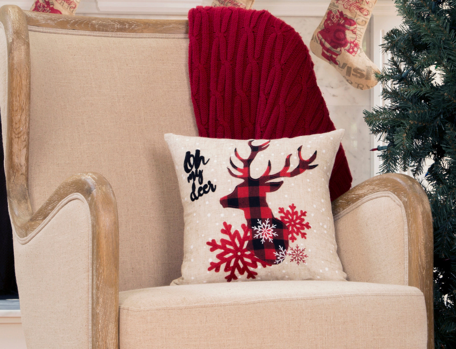 XD21017 Oh My Deer Applique Embroidered Pillow 14x14 Polyester Linen Blend