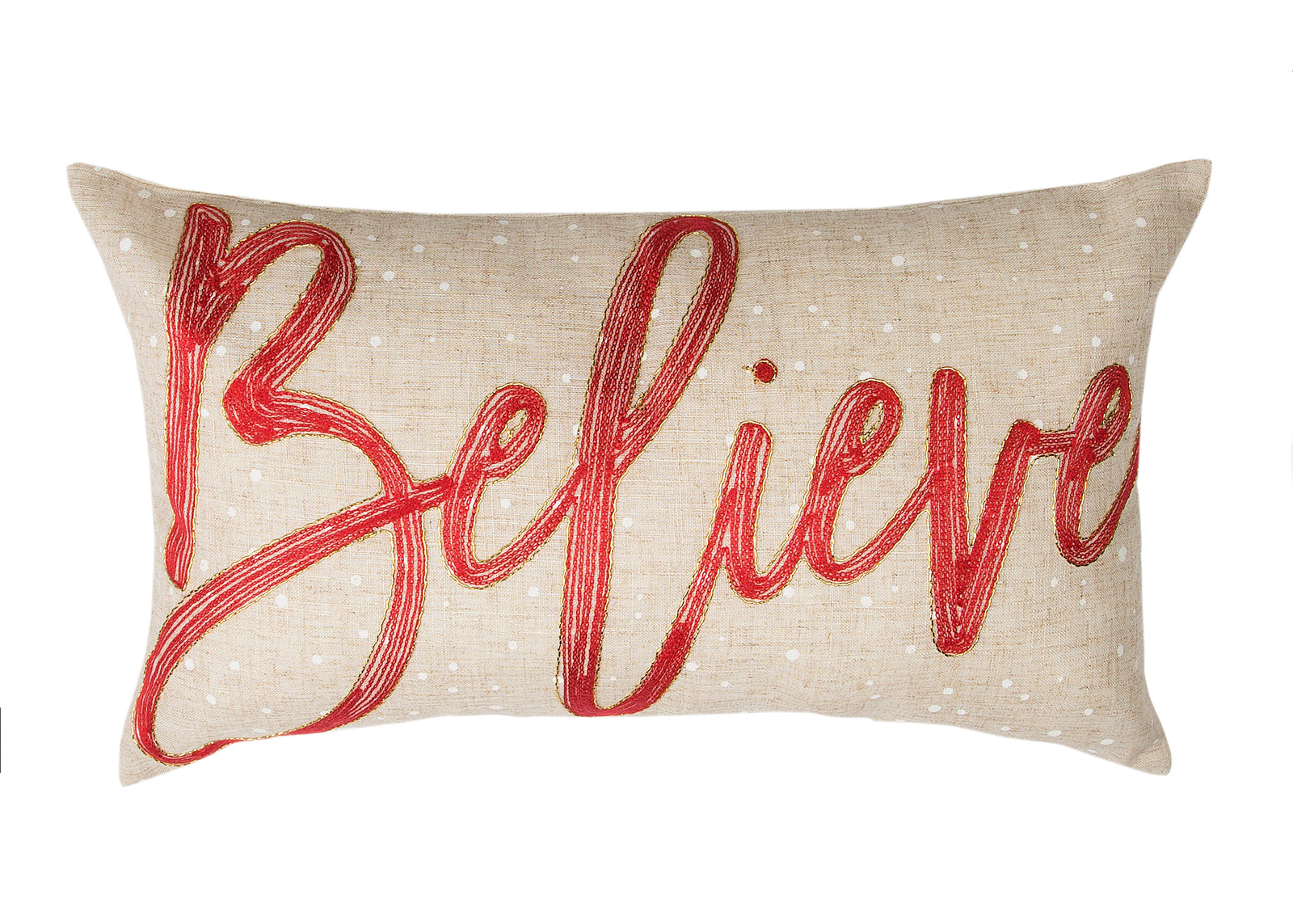 XD21019P1220 Believe Embroidered Christmas Pillow 12x20 Polyester Linen Blend
