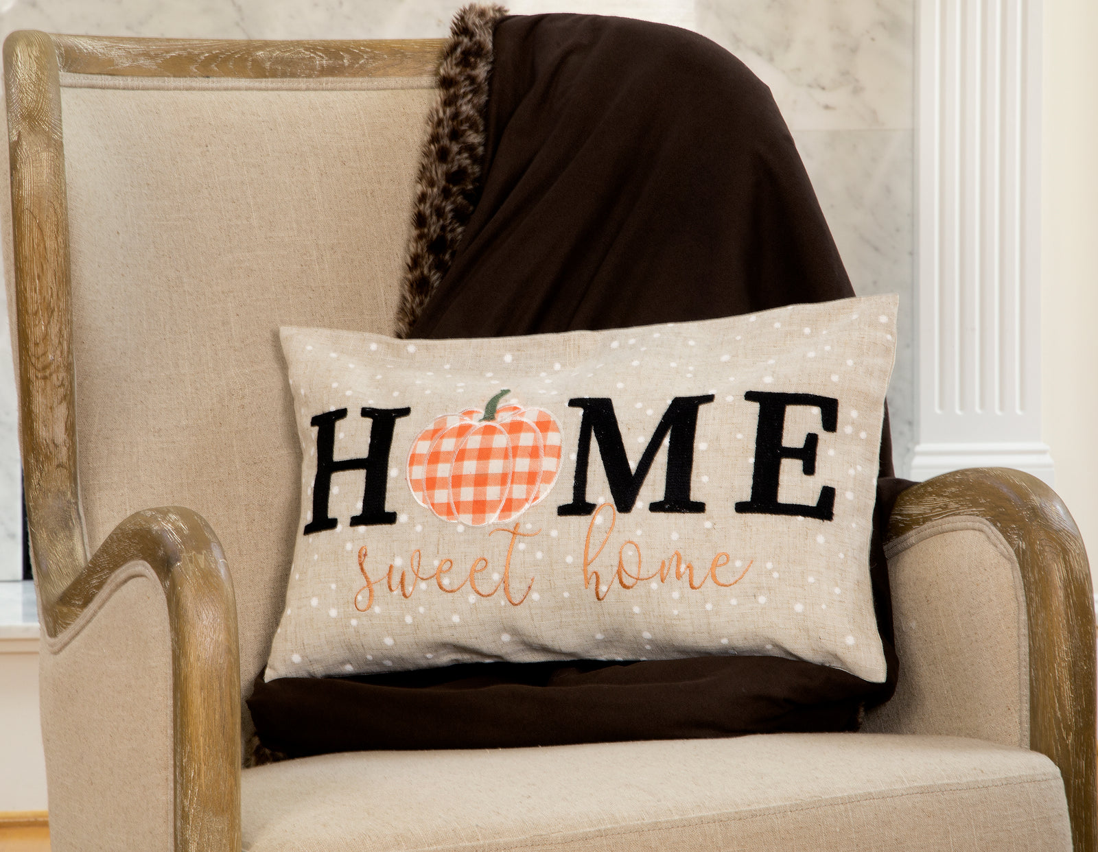 XD21021 Home Sweet Home Pumpkin Applique Harvest Pillow 12x20 Polyester Linen Blend