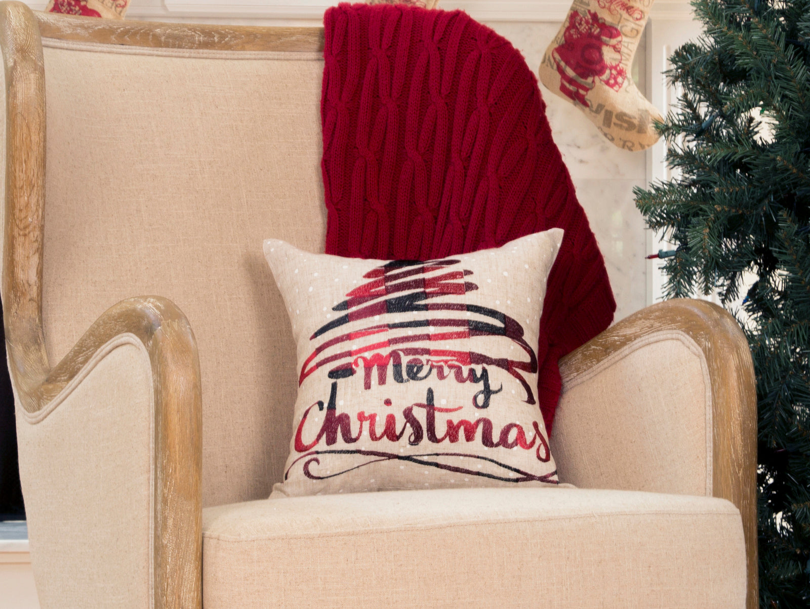 XD21023 Merry Christmas Embroidered Holiday Pillow 14x14 Polyester Linen Blend
