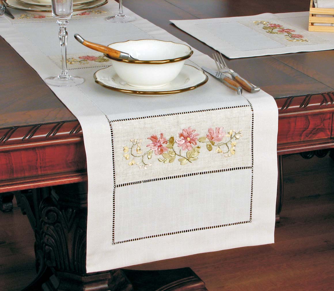 Xia Home Fashions Ribbon Flower Linen Table Runner Embroidered Cutwork 15x54