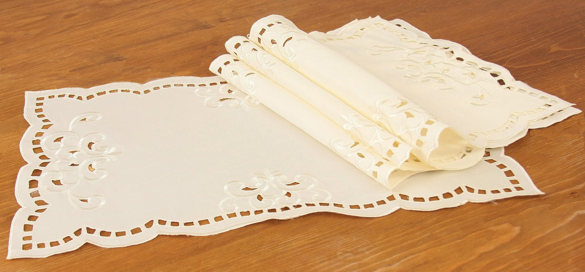 Xia Home Fashions Hampton Poliviscose Placemats Embroidered Cutwork 12x18 Set of 4 Ivory