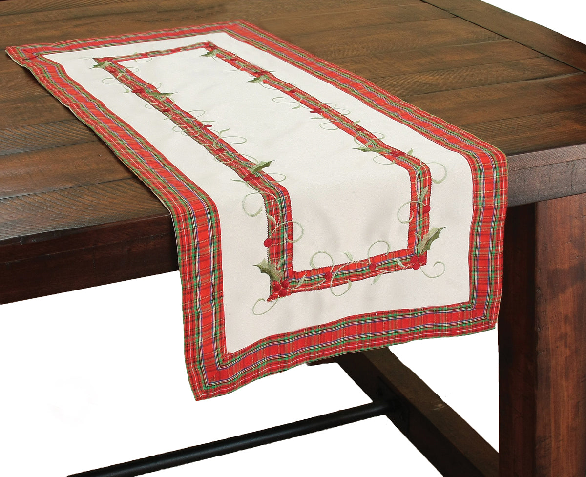 XD99904 Tartan Ribbon Holly Mini Table Runner 12x28 White Poliviscose
