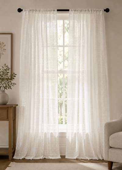 ML16249 Isa Plaid Sheer Rod Pocket Curtain Panel 52x108 White Polyester