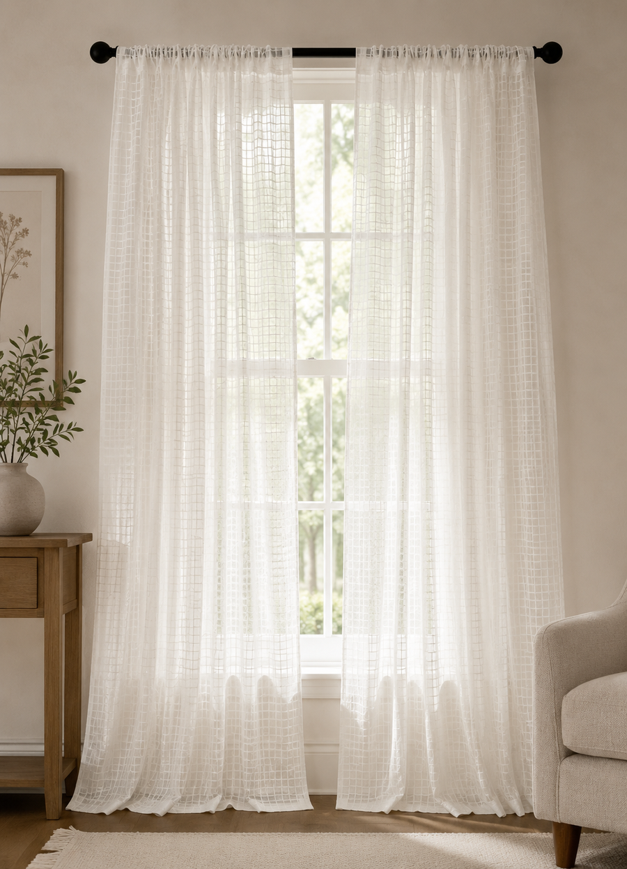 ML16249 Isa Plaid Sheer Rod Pocket Curtain Panel 52x108 White Polyester