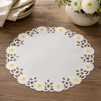 XD915727-Daisy Poliviscose Doilies Embroidered Cutwork Floral Set of 4 12 Round