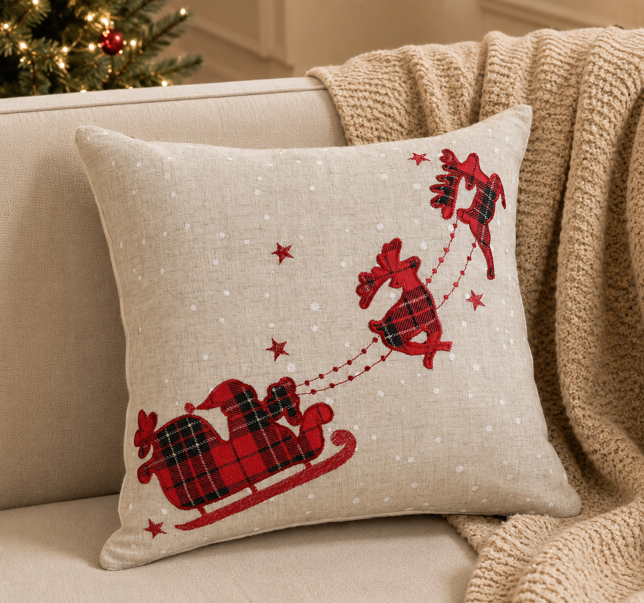 Tartan Santa Sleigh Christmas Pillow Cover
