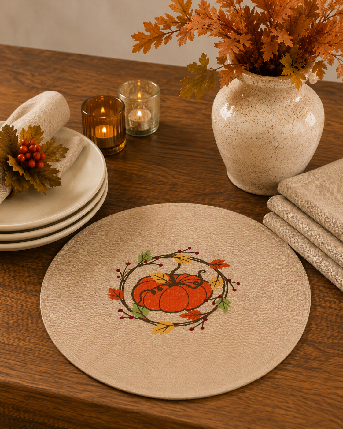 Rustic Pumpkin Wreath Polyester Placemats | Set of 4