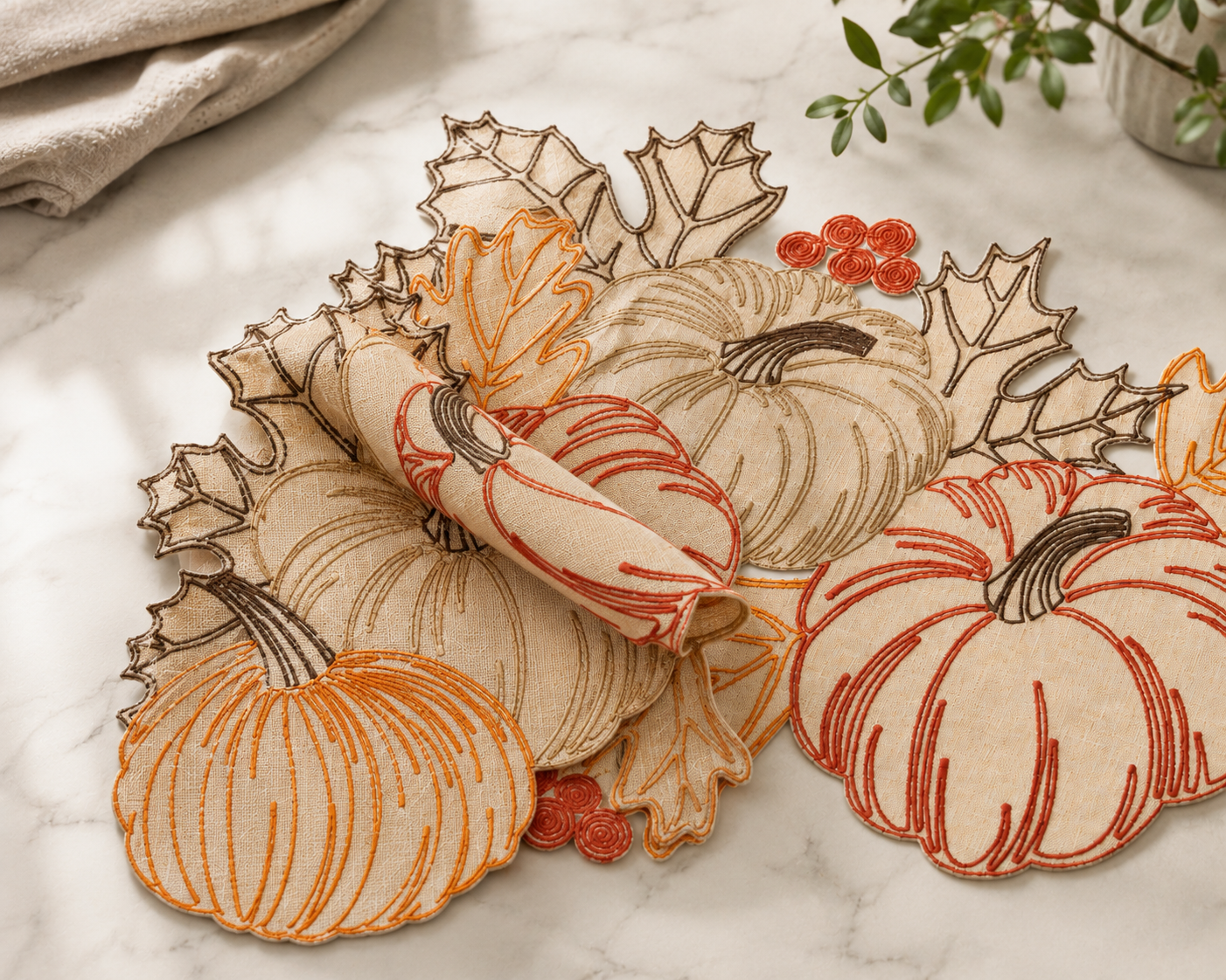 XD18804 Pumpkin Harvest Cutwork Embroidered Placemat Set of 4 14x20