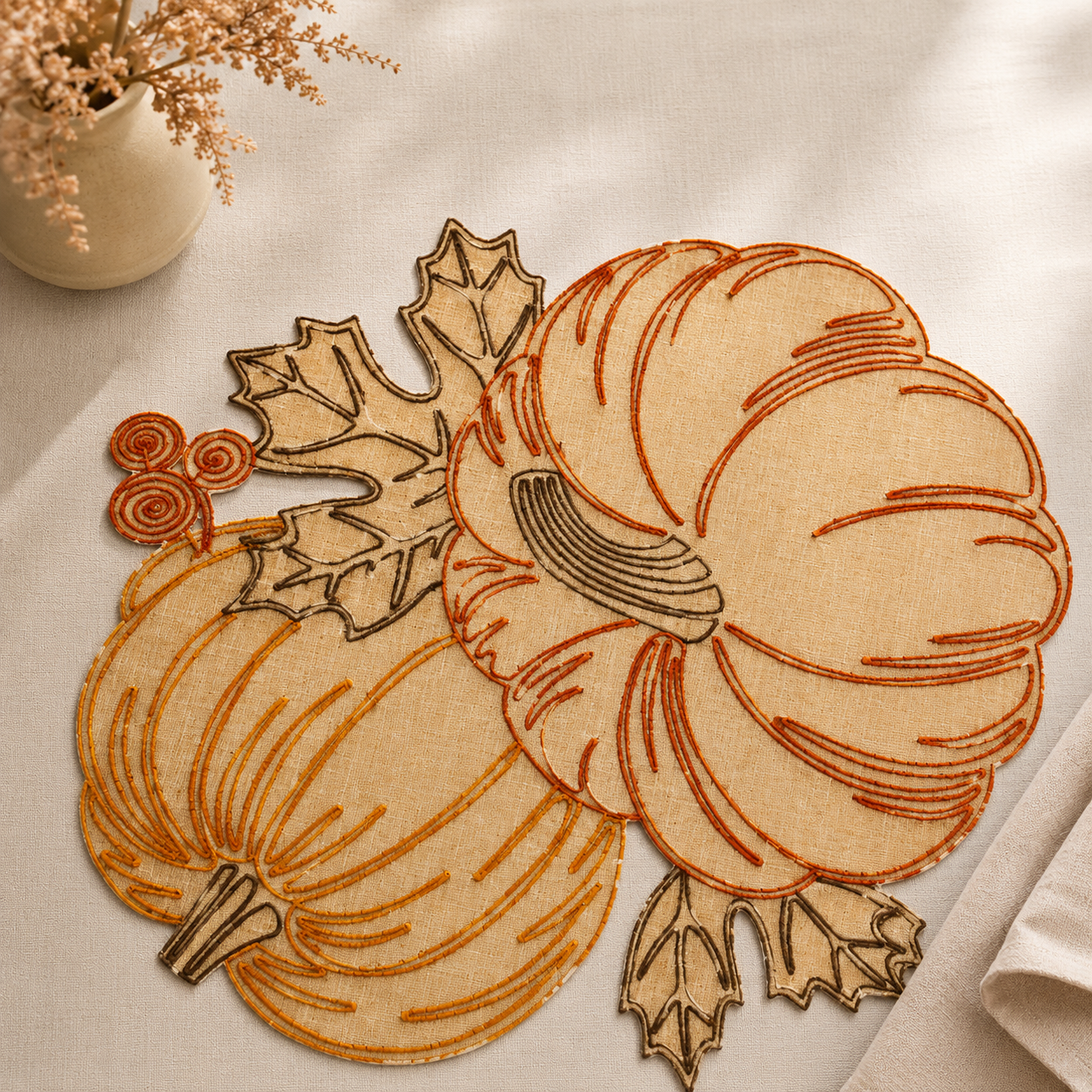 XD18804 Pumpkin Harvest Cutwork Embroidered Round Placemat Set of 4 16