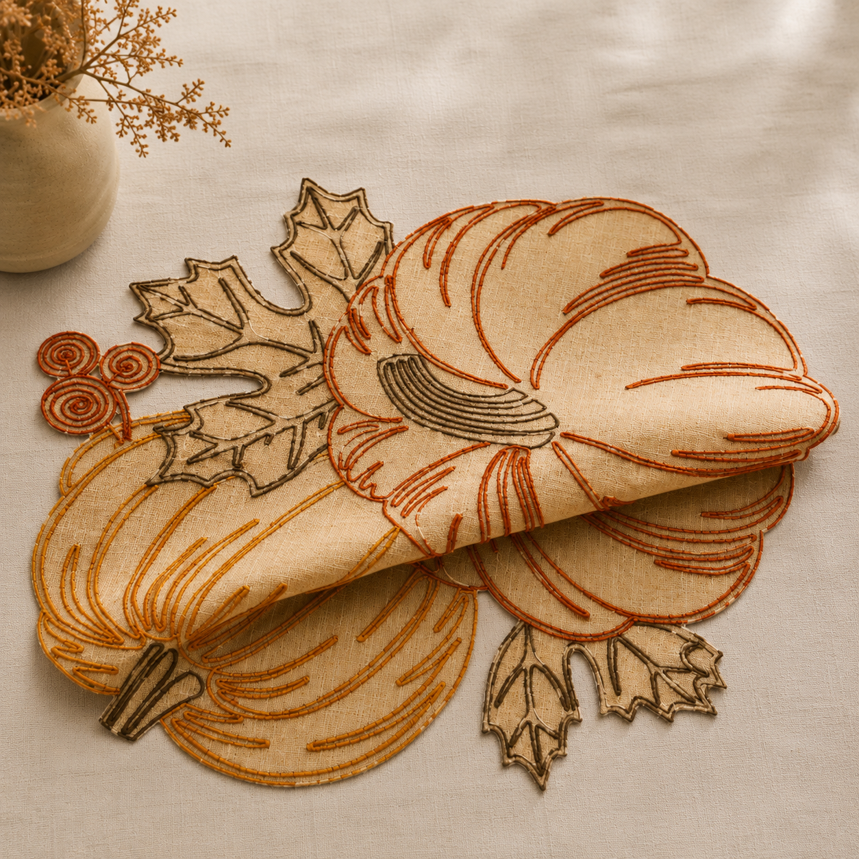 XD18804 Pumpkin Harvest Cutwork Embroidered Round Placemat Set of 4 16