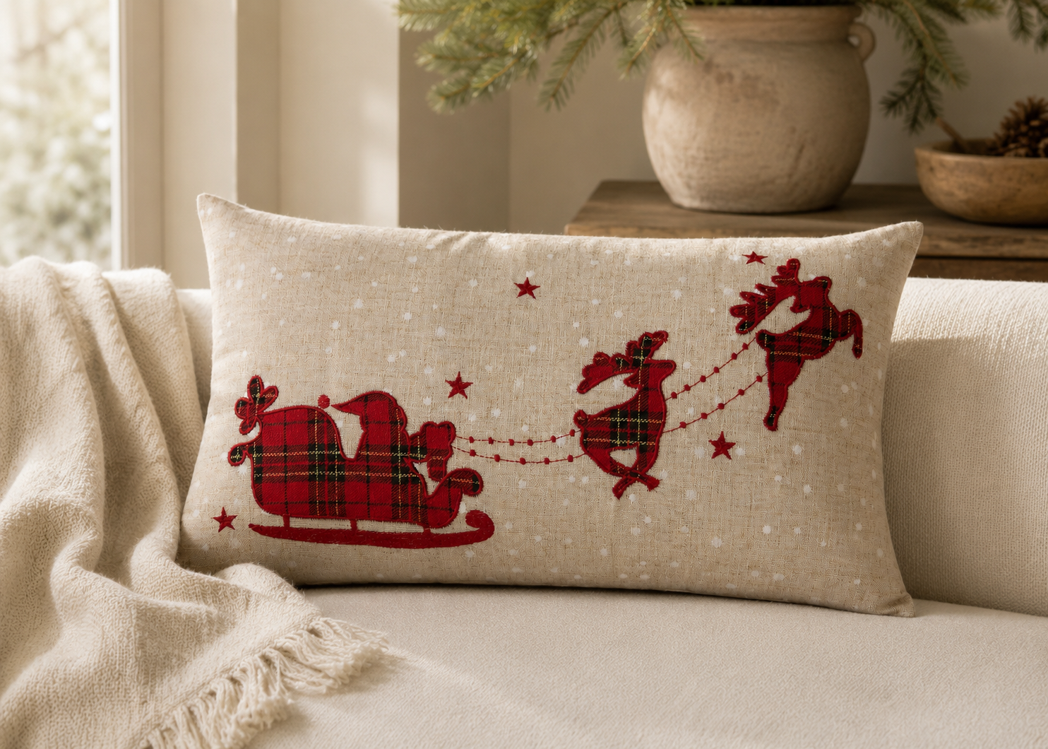 XD19881 Tartan Santa Sleigh Christmas Pillow 12x20 Linen Blend