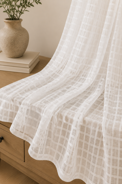 ML16246 Bonita Plaid Sheer Rod Pocket Curtain Panel 52x108 White Polyester