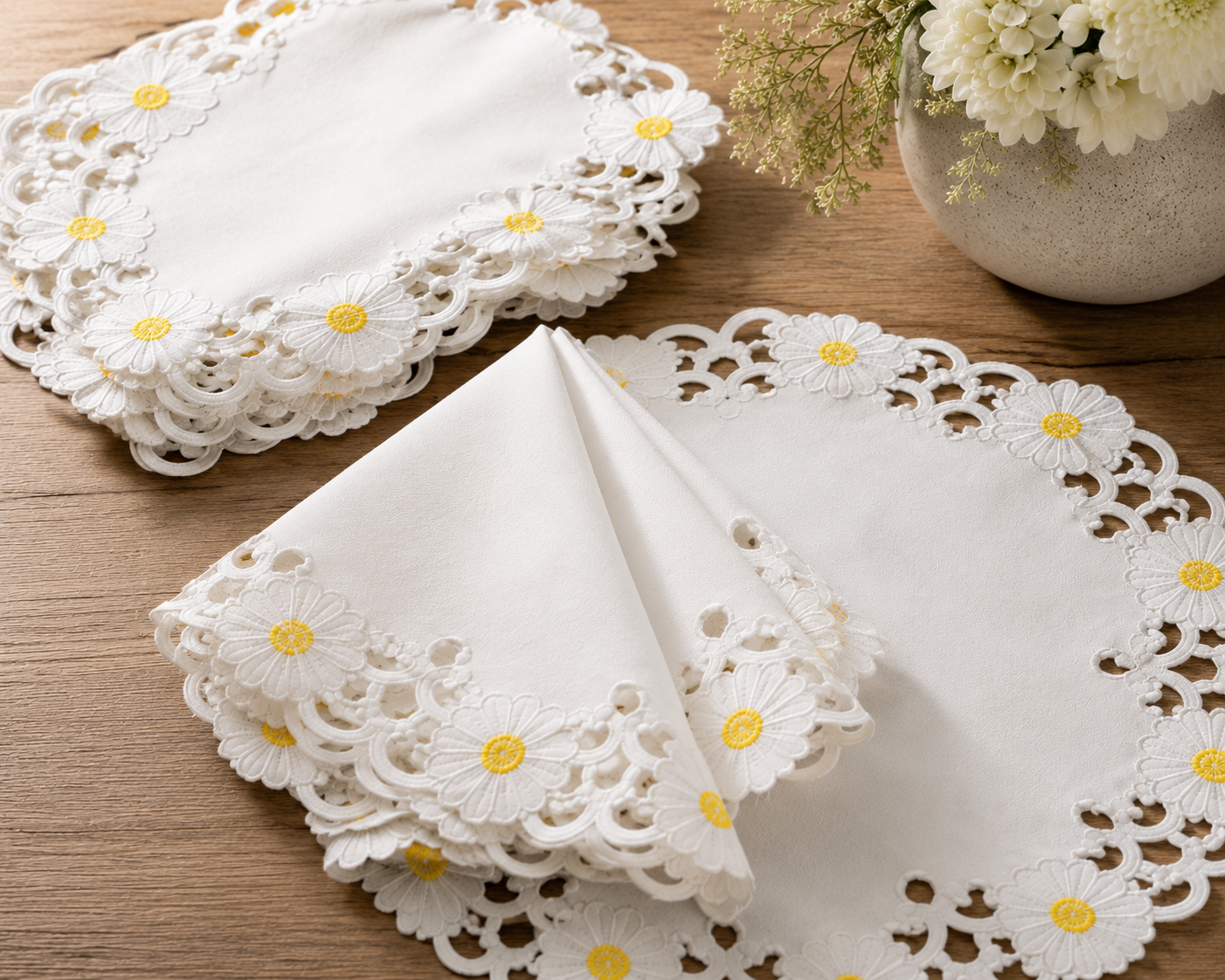 XD915727-Daisy Poliviscose Doilies Embroidered Cutwork Floral Set of 4 12 Round