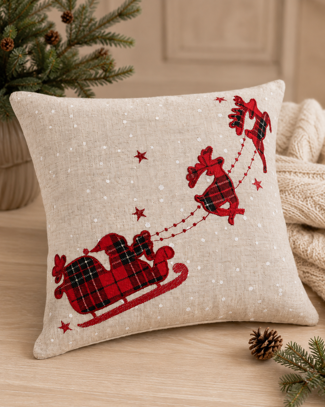 XD19881 Tartan Santa Sleigh Christmas Pillow 14x14 Linen Blend