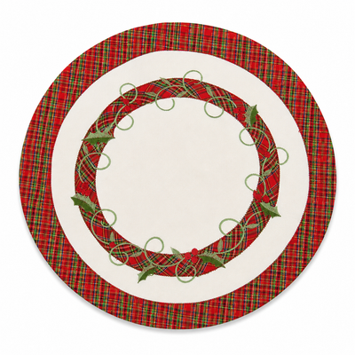 XD99904 Tartan Ribbon Holly Doilies 8 Round Set of 4 White Poliviscose