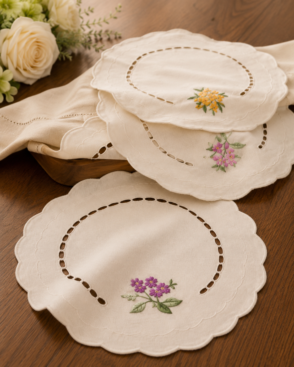 Bouquet Embroidered Cutwork Round Doilies | Set of 4