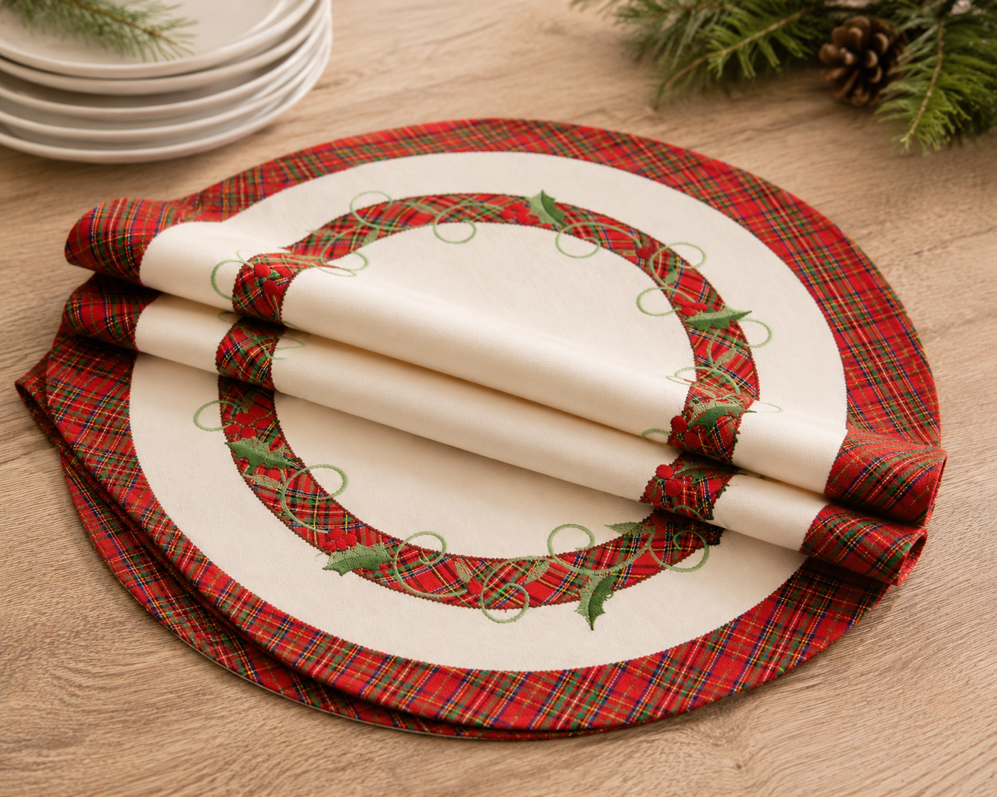 XD99904 Tartan Ribbon Holly Doilies 8 Round Set of 4 White Poliviscose