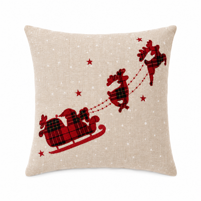 XD19881 Tartan Santa Sleigh Christmas Pillow 14x14 Linen Blend