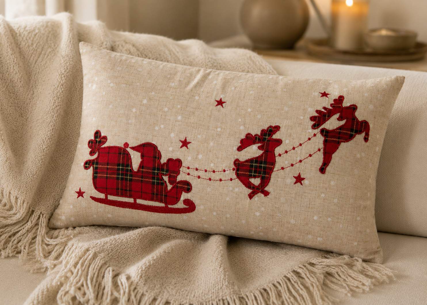 XD19881 Tartan Santa Sleigh Christmas Pillow 12x20 Linen Blend
